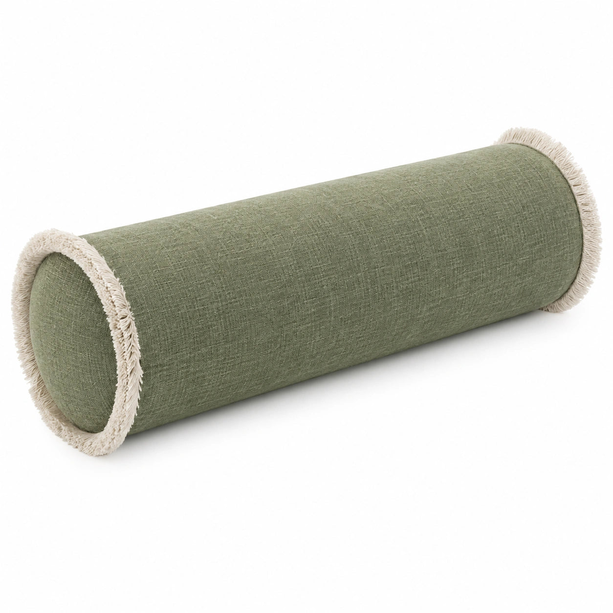 Nackenrolle 15 x 50 cm aus Textil in Salbeigrün mit Fransen - zylindrisches Stützkissen