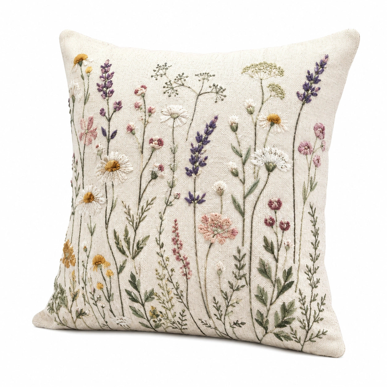 Zierkissen 45 x 45 cm Textil Creme mit Blumenstickerei für Wohnraum Landhausstil