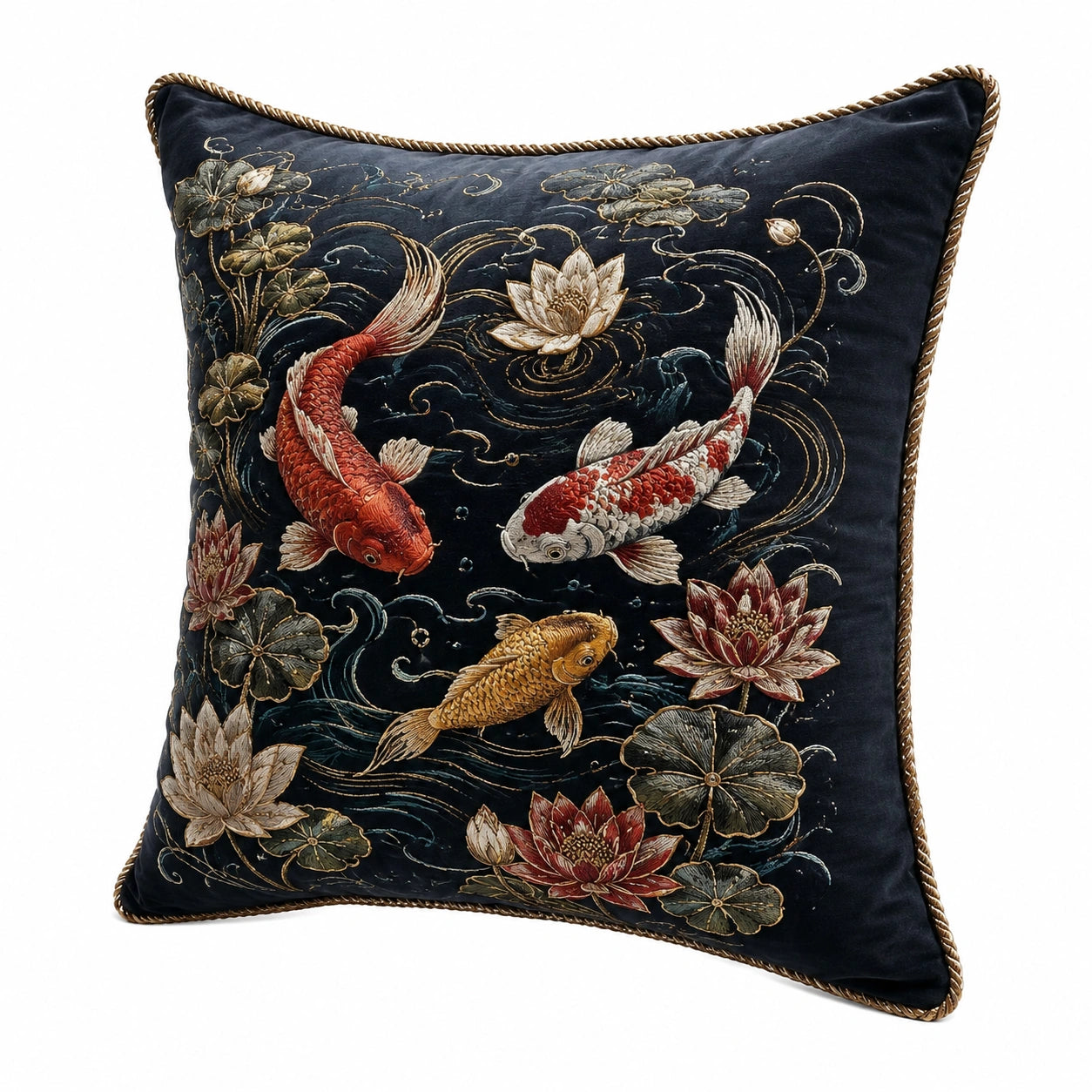 Dekokissen 45 x 45 cm Samt Dunkelblau mit Fischstickerei