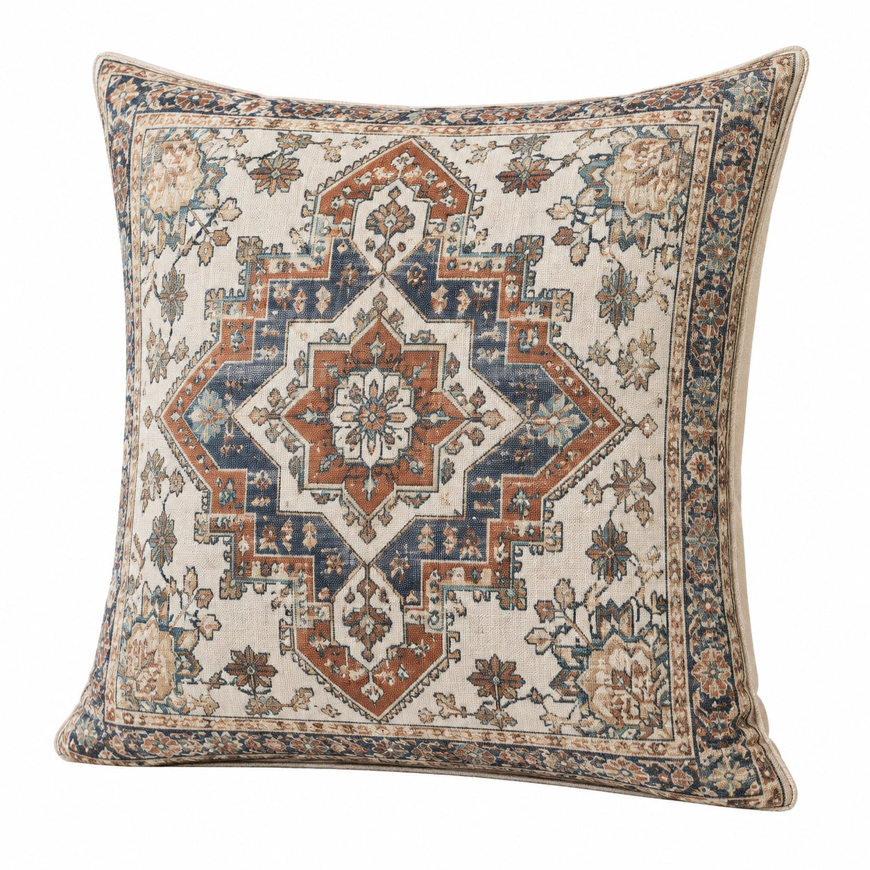Dekokissen 45 cm x 45 cm aus Webstoff in Creme Blau Terrakotta mit orientalischem Muster