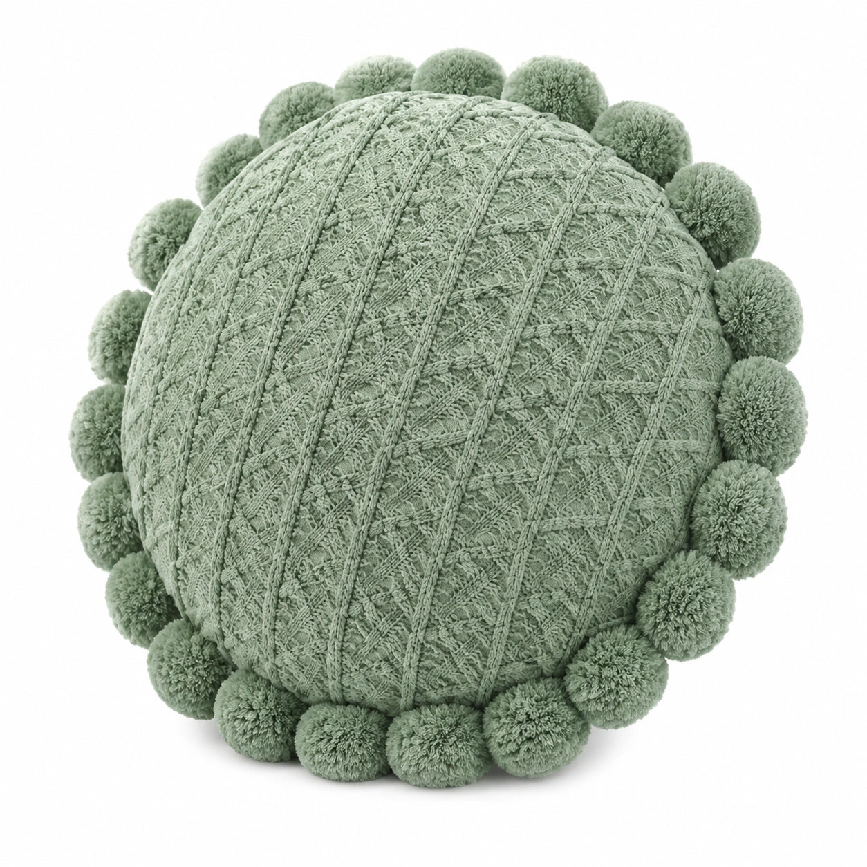 Rundes Zierkissen 40 cm aus Baumwolle Salbeigrün mit Strickstruktur und Pompons