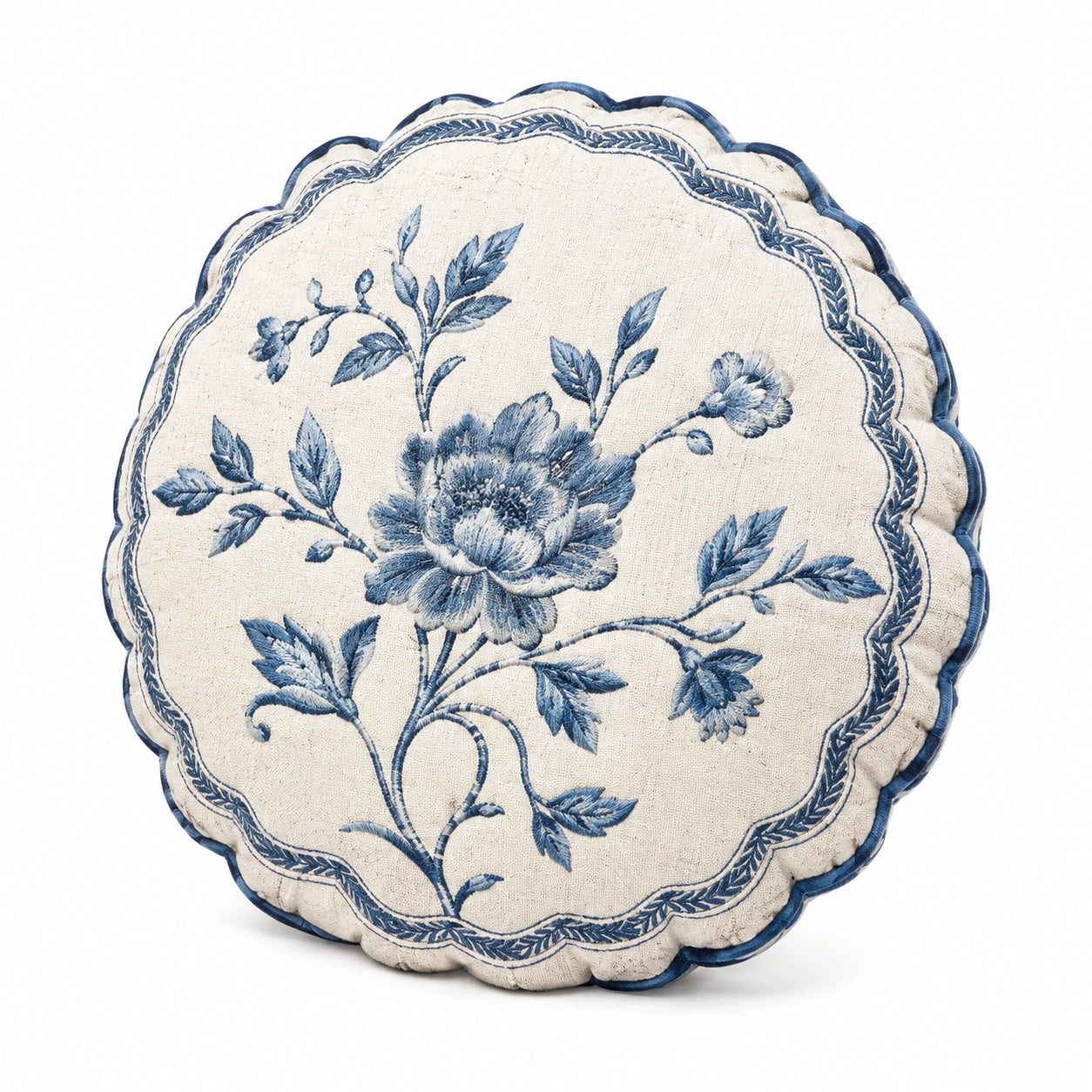 Rundes Dekokissen 45 cm aus Textil Cremeblau mit Blumenmuster im Landhausstil